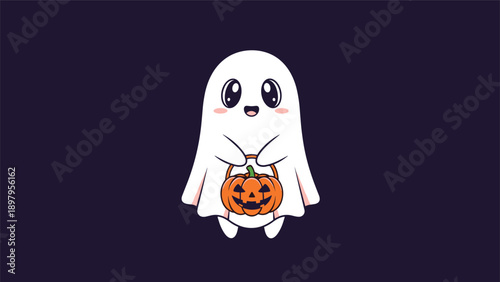 Adorable little ghost character holding a carved orange pumpkin bucket for trick-or-treating during the Halloween holiday celebration.