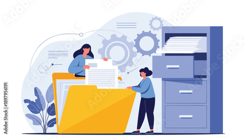 Two office workers collaborating to organize important documents and files in a large filing cabinet and an oversized yellow folder.