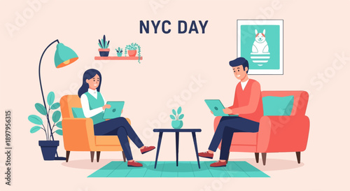 Two people sitting in comfortable chairs using laptops in a room