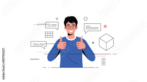 Happy young man wearing glasses giving a double thumbs up gesture with chat bubbles and geometric shapes behind.