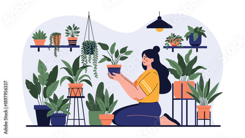 Young woman caring for her collection of indoor plants in a cozy and bright domestic garden setup in her room.