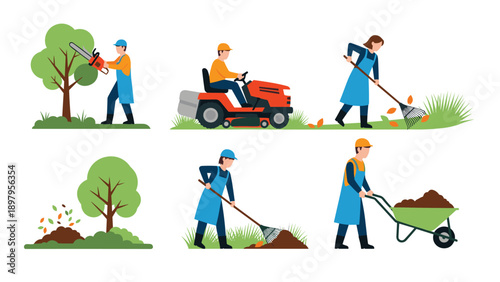 Collection of people performing various gardening and lawn maintenance tasks with different tools and equipment.