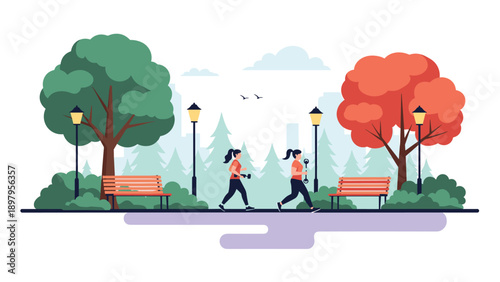 Two people running and exercising on a path in a beautiful public park with trees and city skyline background.