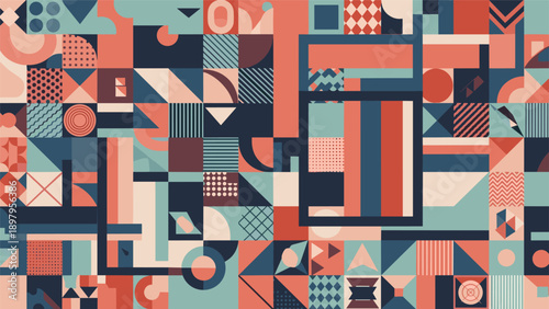 Vibrant abstract pattern composed of various colorful geometric shapes, lines, and textures in a modern tile design.