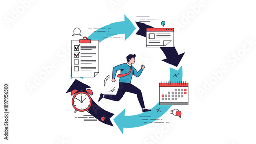 Busy businessman runs through a circular workflow containing task icons like a clock, calendar, and checklist for productivity.