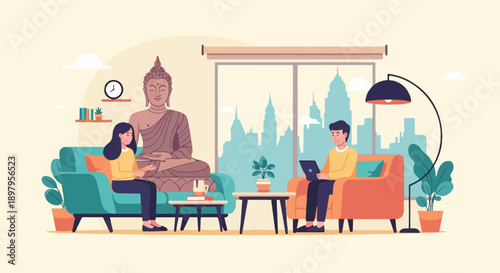 Two people relaxing in a cozy living room with a large Buddha statue and city view