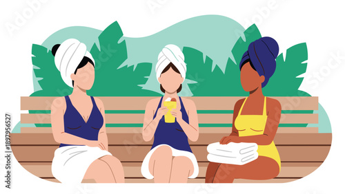 Diverse women in swimsuits and head towels relax on a wooden bench inside a sauna with tropical plants in the background.