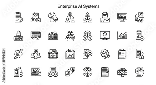 Enterprise AI Systems Icons: Data Analysis, Management, Strategy, Workflow