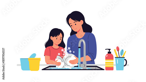 Caring mother and her young daughter bond while washing white dishes in a kitchen sink with soapy bubbles and household items.