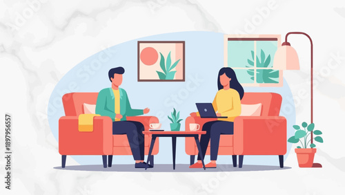 Two people relaxing in armchairs, one with laptop, in a room