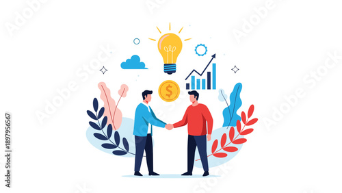 Two professional businessmen shake hands to finalize a deal with business growth icons and a lightbulb representing ideas.