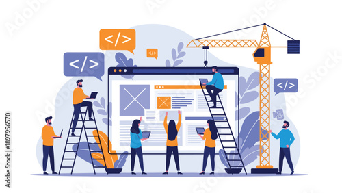 Collaborative team of web developers and designers build a website interface on a giant screen using ladders and a crane.