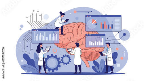 Diverse scientists in lab coats conduct research and analyze data around a giant human brain to understand mental processes.