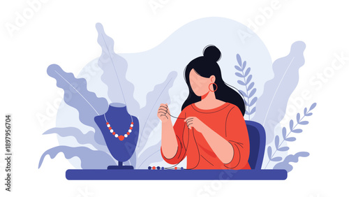 Creative woman handcrafts a beautiful necklace at her studio desk with various jewelry displays and leafy plant patterns.