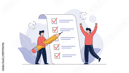Two happy people celebrate completing a project while marking a giant checklist with a large pencil on a blue background.