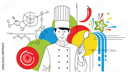 Professional chef in a white uniform and hat holds a spoon surrounded by colorful culinary icons and chemical structures.