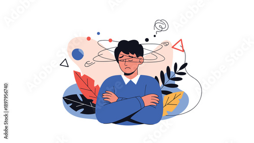 Worried man with arms crossed experiences dizziness and confusion represented by swirling lines and abstract shapes.
