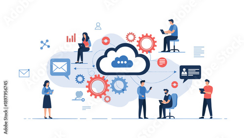 Diverse group of people collaborate on digital tasks using a cloud computing system with integrated email and data icons.