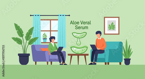 Two people work on laptops in a living room with aloe vera graphics