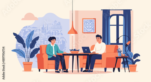 Two people sitting on chairs at a table, one using a laptop, in a room with plants