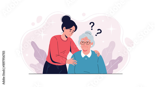 Caring young woman comforts an elderly woman who appears confused by question marks representing memory loss or dementia.