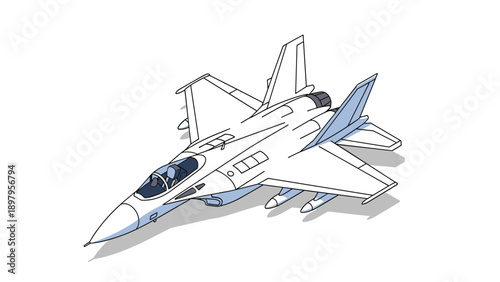 Detailed isometric illustration of a sleek modern fighter jet with wings and engines shown on a plain white background.