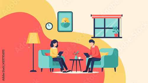 Two people relaxing on sofas in a colorful room with a lamp and window