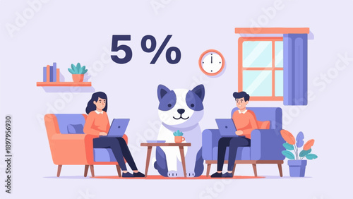 Two people work on laptops at home with a dog nearby and a 5% sign