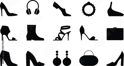 Set of black fashion silhouettes including high heels, boots, handbags, earrings, and headphones, isolated vector icons for female style design elements. (20 words)