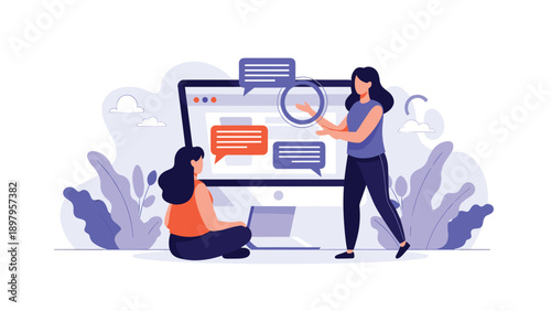 Two creative women collaborating on a digital project and user interface design using a large monitor with chat bubbles and abstract background.