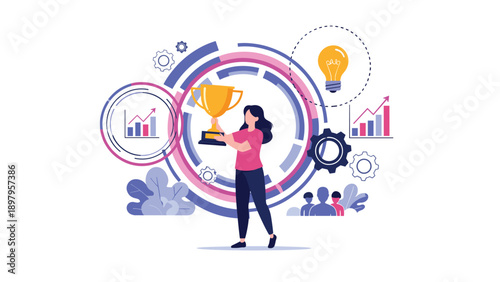 Successful business woman holding a gold trophy surrounded by growth charts, gears, and a bright lightbulb icon representing a creative breakthrough.