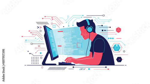 Professional computer programmer wearing blue headphones working on complex software code with digital circuit lines and data symbols in background.