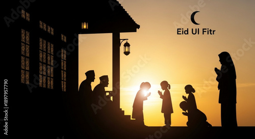 Family silhouettes praying together at sunset with crescent moon symbolizing eid al fitr celebration and spiritual togetherness