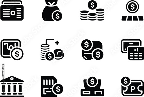 Money and finance icon set, banking and payment symbols for business, accounting and financial design