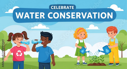 Children practicing water conservation outdoors with recycling symbol and watering plants in a sunny green environment