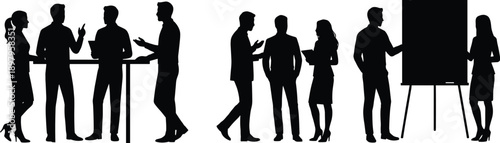 Business teamwork silhouette icon set with professionals in discussion and presentation at table and board symbolizing collaboration