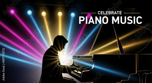 Silhouette of pianist playing grand piano under vibrant stage lights with 'celebrate piano music' text overlay in dramatic performance setting