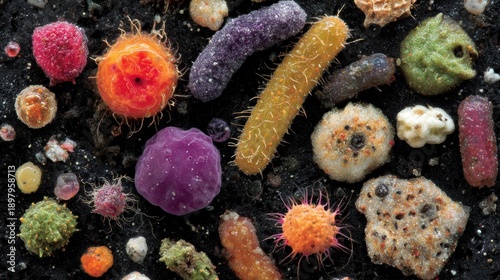 Microscopic view of diverse microorganisms on a surface in a lab setting