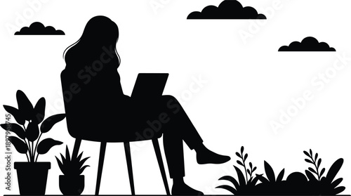 Outdoor remote work silhouette icon with laptop, plants, clouds, and chair symbolizing productivity, relaxation, and nature themes