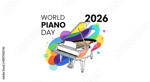 World piano day 2026 celebration with colorful abstract design and grand piano illustration music event concept
