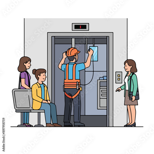 A man repairs an elevator with three people nearby
