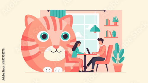 Two people work on laptops beside a giant cat in a modern room