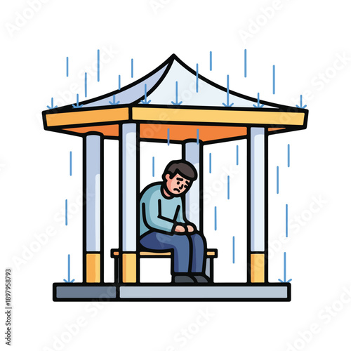 A man sits alone on a bench under a shelter during rain