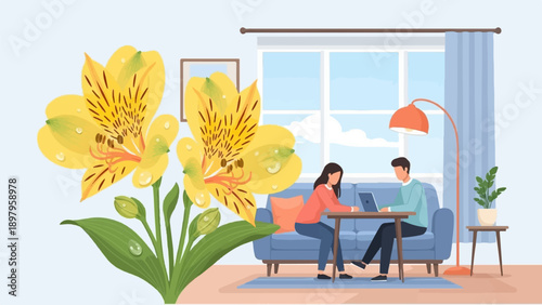 Two people work on laptops in a room with flowers and a window