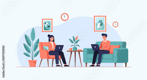 Two people work on laptops in a comfortable, stylized living room with plants and art