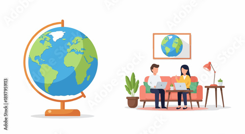 Two people work on laptops in a cozy living room with a globe artwork