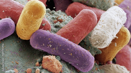 Colored bacteria are seen under a microscope at a lab during research