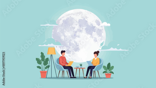 Two people work on laptops in chairs under a giant moon