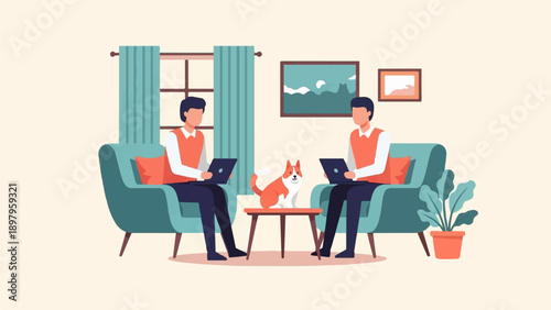 Two people work on laptops in comfortable chairs with a dog