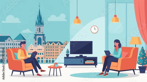 Two people work on laptops in comfortable chairs with city views